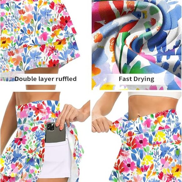 Colorful Layered Flowered Skort (Skirt with Shorts) w/ 2 Pockets - Picture 6 of 6